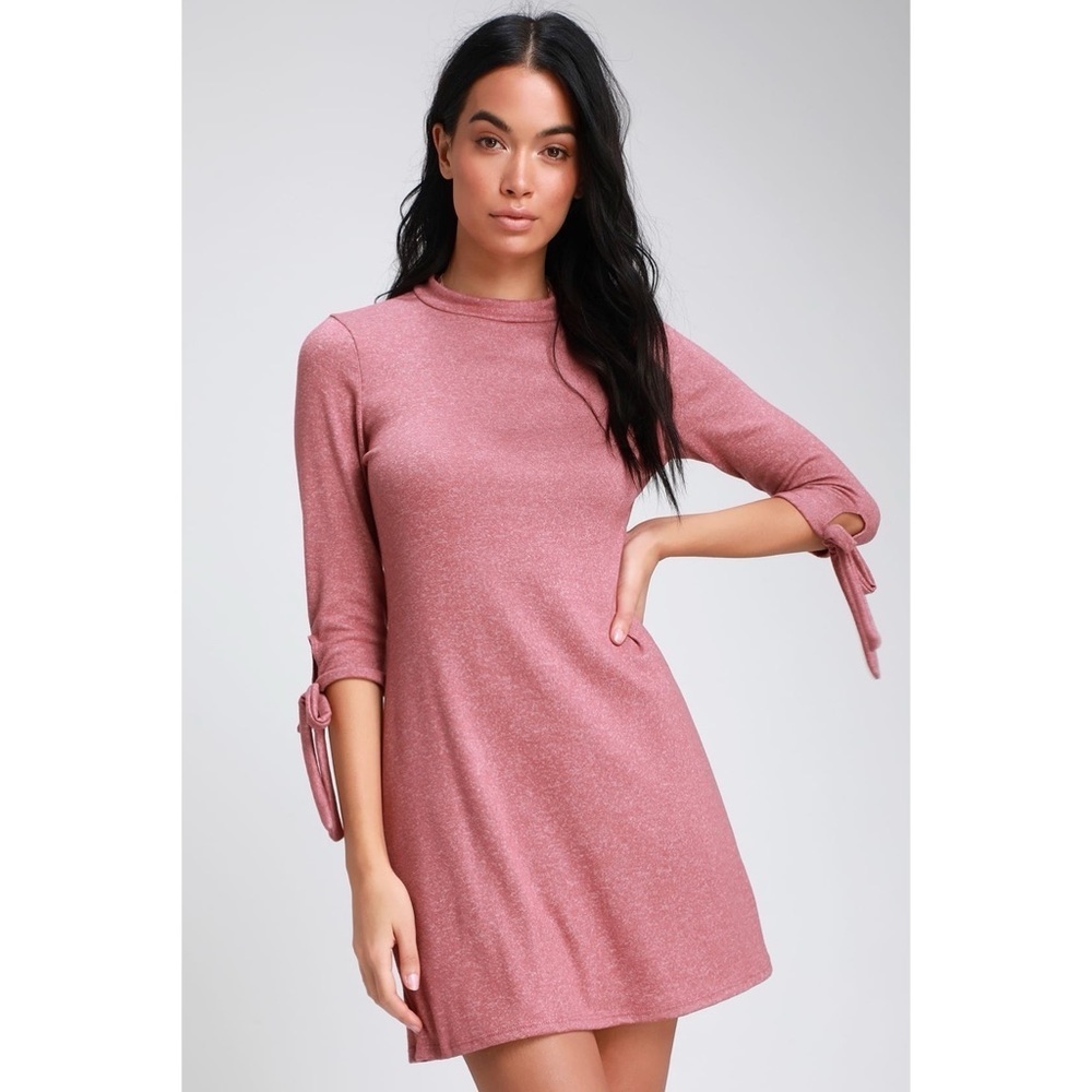 Lulu's Tie a Little Love Washed Mauve Pink Tie-Sleeve Knit Swing Dress